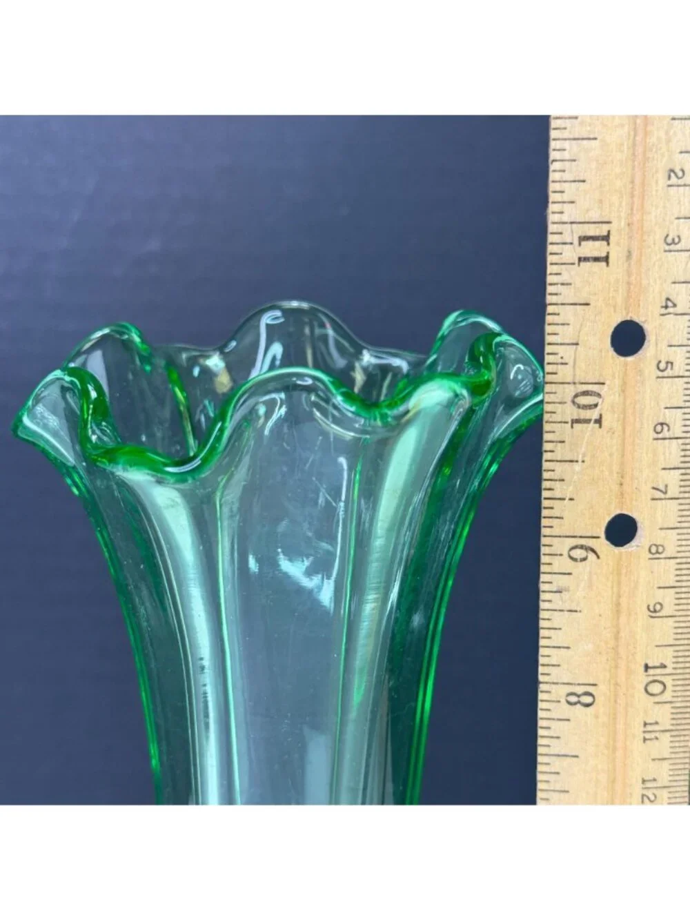 Vintage Uranium Green Glow Glass Ruffle Top Ribbed Vase 10 Inch